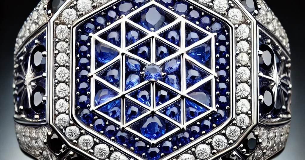 DALL·E 2025-03-29 02.08.54 - A luxurious iced-out ring with a solid octagonal head, featuring a perfectly symmetrical 'Flower of Life' pattern in the center made of cornflower blu
